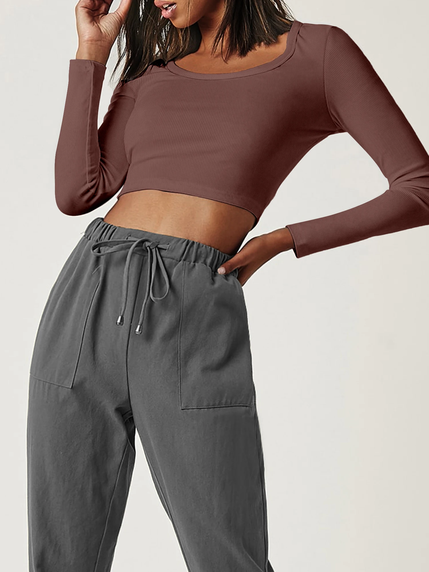Stylish Square Neck Crop Knit Top, Stretch Ribbed Shirt for Day Outings & Shopping Sprees