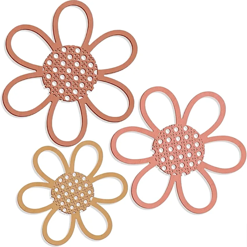 3Pcs Colored Daisy Hanging Wall Decor Wooden Living Room Flower Wall Art Straw Woven Wall Basket Home Bedroom Decoration