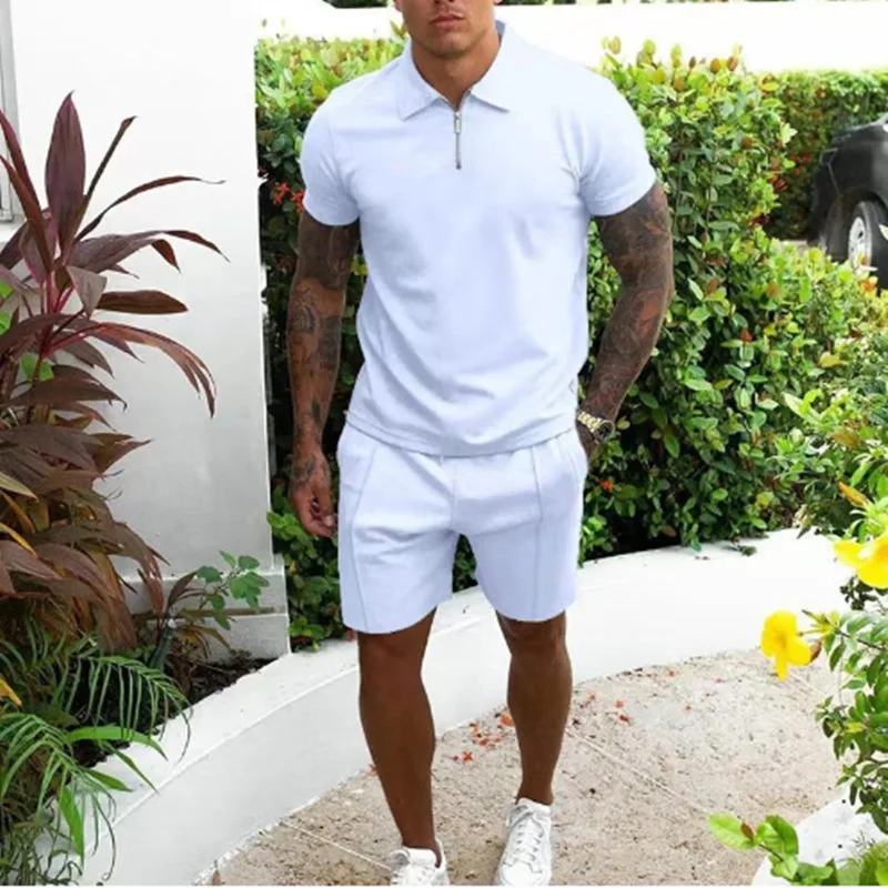 Summer high quality fashion men's suit zipper Polo shirt men slim solid color leisure street outdoor beach sports jacquard suit