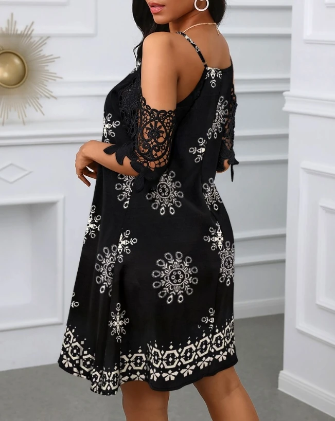 Dresses Woman Summer 2025 Trend Floral Print Lace Short Sleeve V Neck Dress Casual A Line Boho Mini Dress