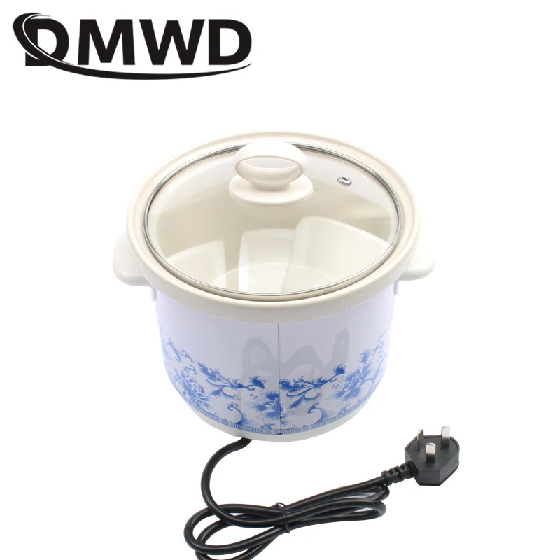 DMWD electric 140w Slow Cookers mini mechanical timer control stew foods Ceramic liner Blue and white porcelain color 1.5L