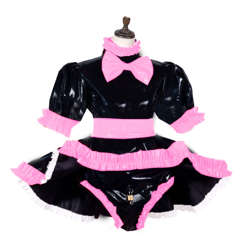 Mens Sissy Lockable Dress Shiny PVC Maid Dress Short Sleeve French Uniform Costume Role Play Fancy Dress with Blet and Panties