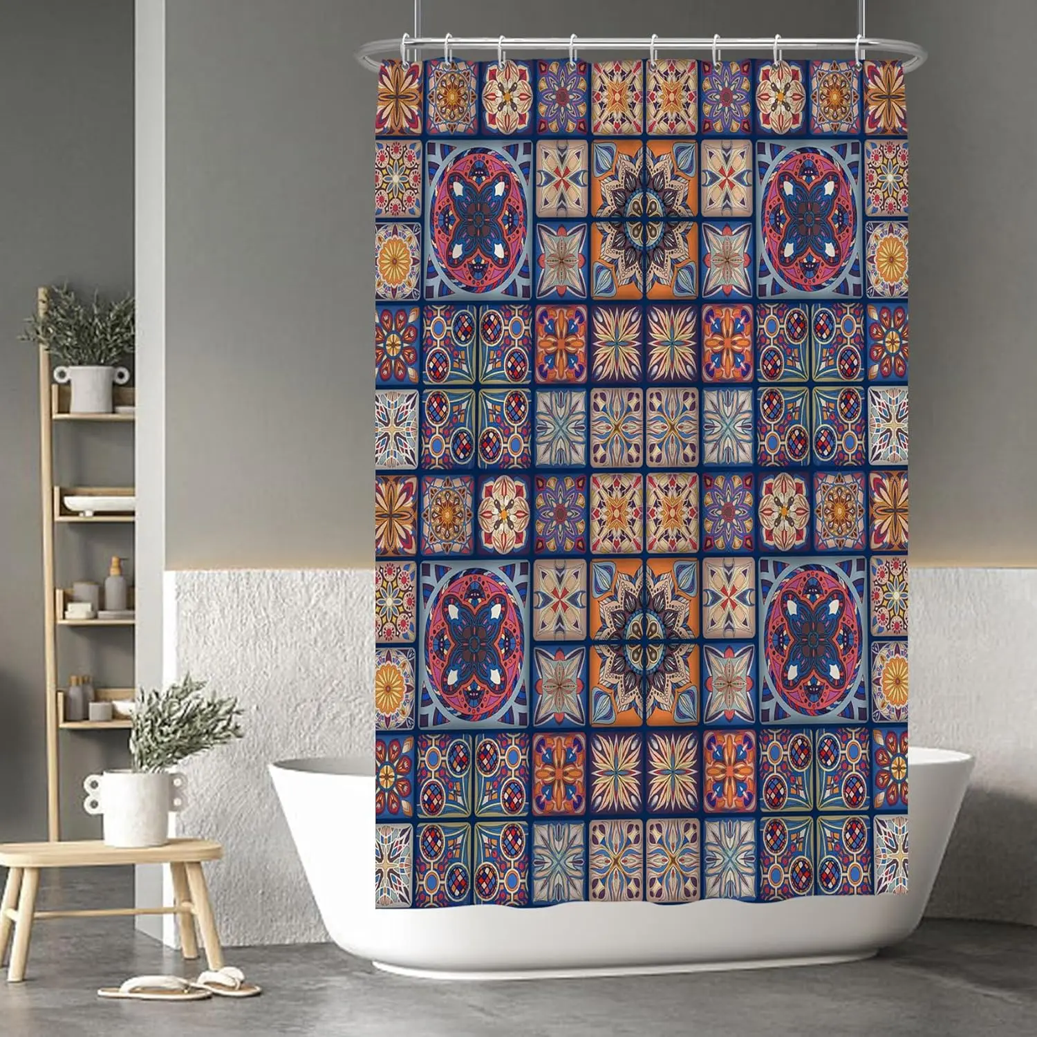 

Moroccan Tile Shower Curtain Multicolor Squares Ethnic Pattern Islamic Art Bohemian Style Waterproof Bath Linen Home Decor Item