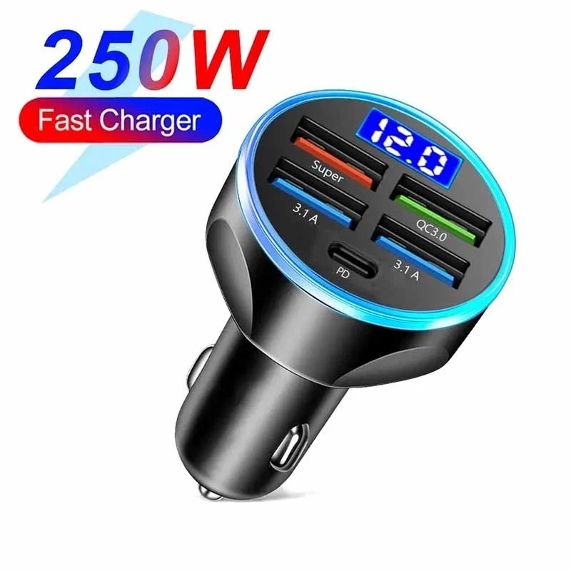 250W PD QC3.0 Car Adapter Super Fast Charging For iPhone Xiaomi Huawei Realme OPPO Type C USB Ports Driving Travel Charging Tool