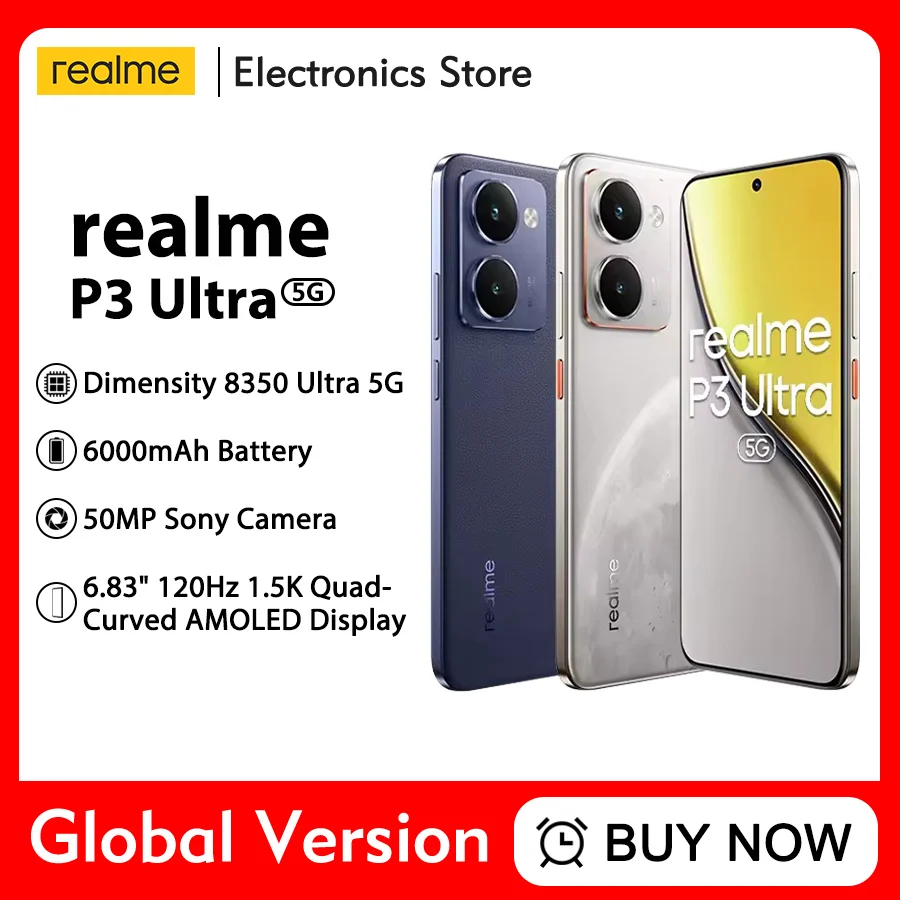 إصدار RU لهاتف الذكي Realme P3 Ultra 5G الأبعاد 8350 Ultra 5G شرائح بطارية 6000 مللي أمبير في الساعة 80 وات شحن 50 ميجابكسل كاميرا سوني NFC