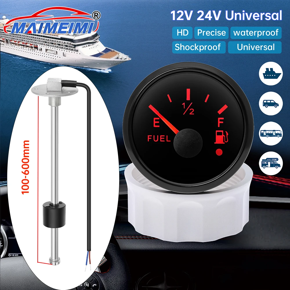 

52mm Fuel Level Gauge +100MM-600MM Oil Level Sensor E-F Pointer Digit Gar Fuel Meter Waterproof IP67 with Alarm for Car Marine