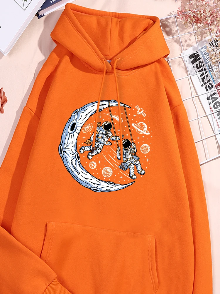 Astronauts Swinging On The Moon Print Womens Hoody Everyday Fleece Sweatshirt Fashion Causal Hoodie Classic Comfortable Clothes