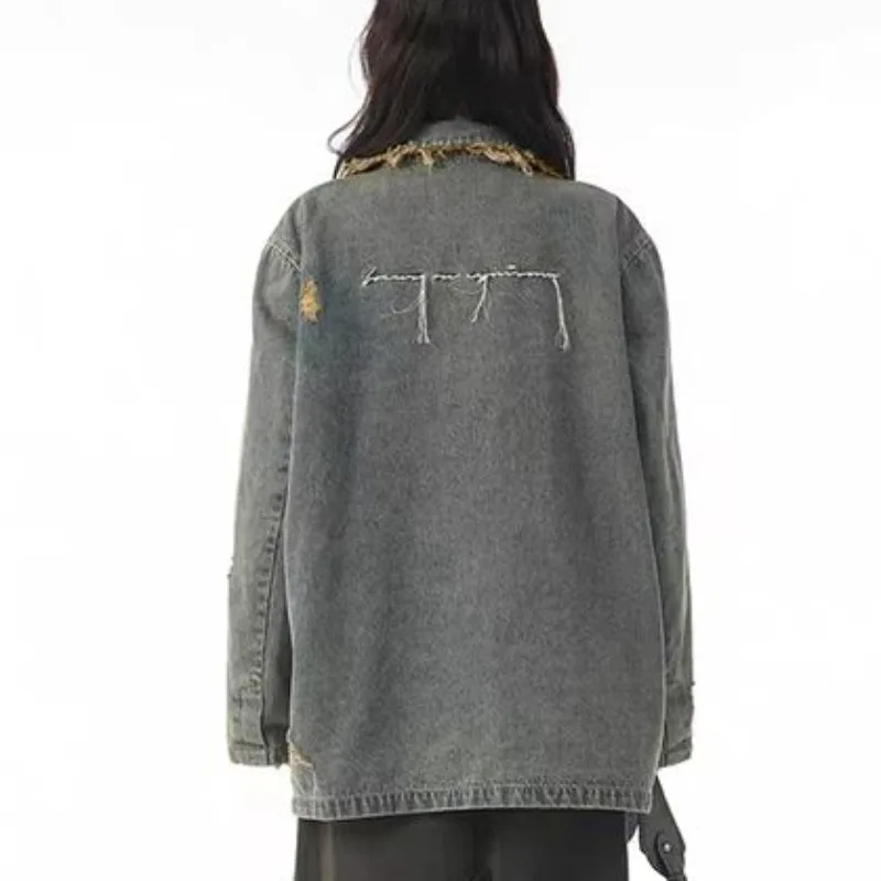 High Street Denim Coats for Women Frayed New Fashion Loose Turn-down Collar Design Distresses Retro Cool Girls Spring All-match