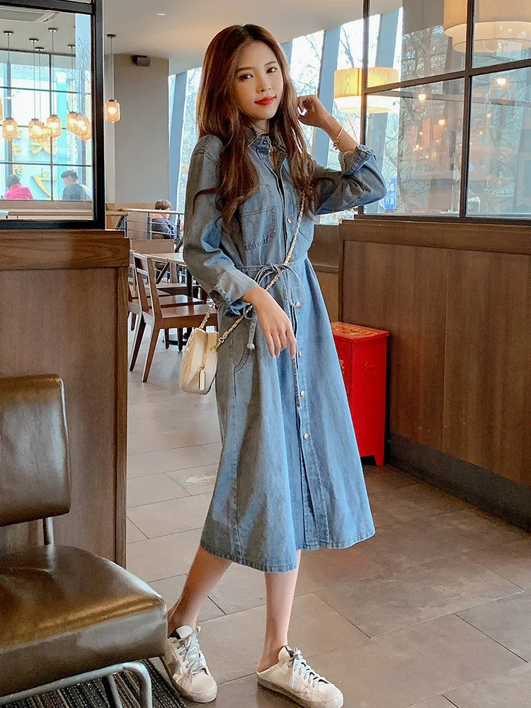 Long Women Denim Dress with Sash 2023 New Spring Summer Long Sleeved High Waist Single Breasted Female Shirt Jean Dresses