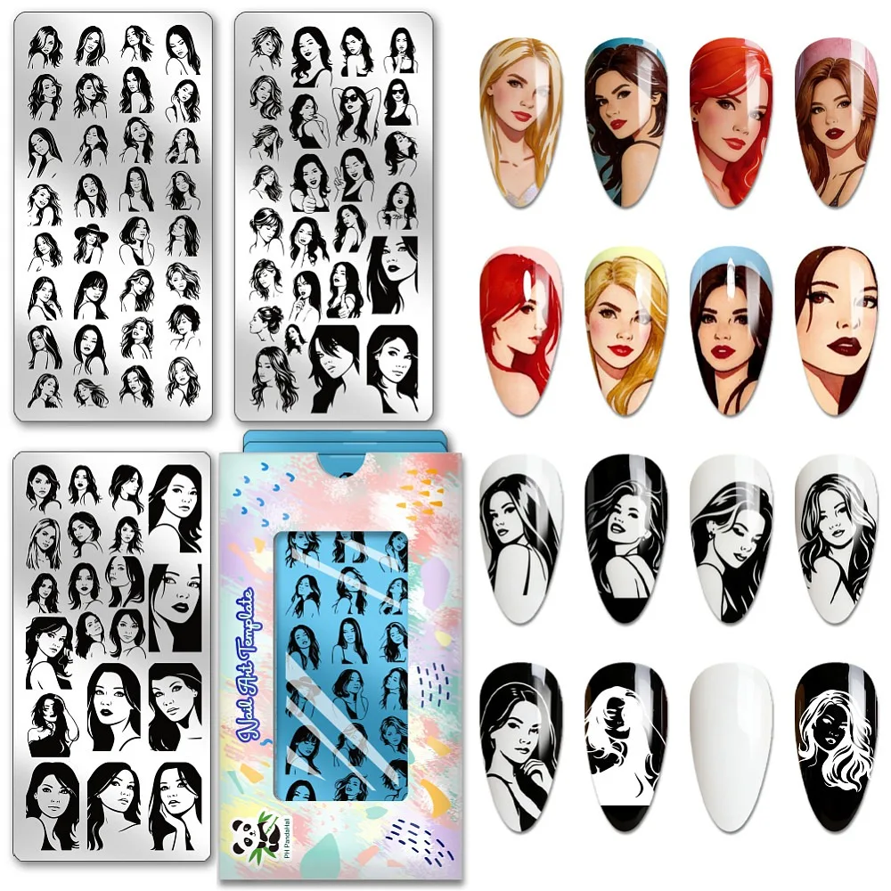 3 Stück Nagelstempelplatten mit weiblichen Porträts, weibliche Silhouetten, Charaktere, Avatare, Nagelkunst-Schablonen, Nagelkunst – Detail 1