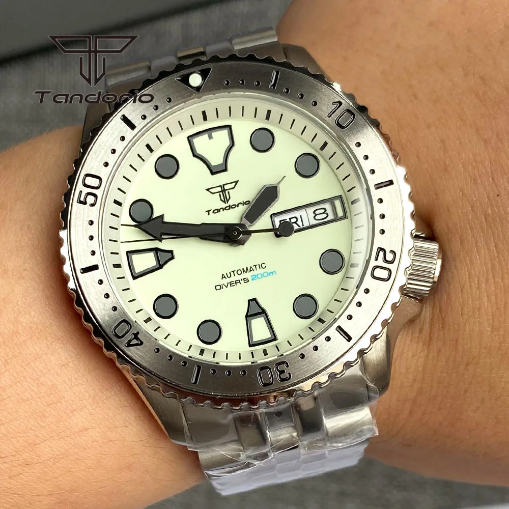 Tandorio NH36 Creamy Full Luminous Dial 20bar 41mm Dive Men Automatic Watch Week Date 3.8 Crown Sapphire Crystal 120-Click Bezel