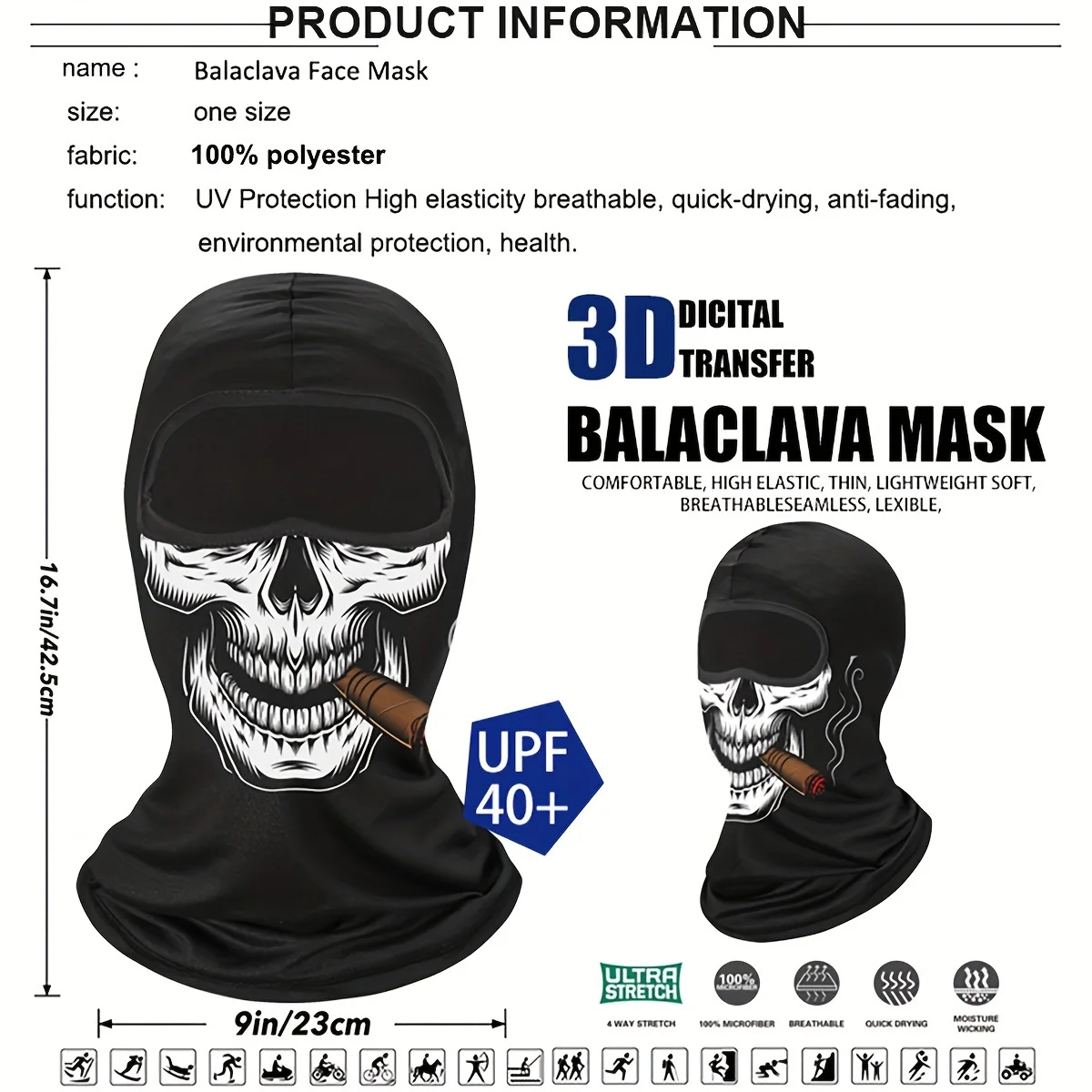 1pc Balaclava Face Mask Clown Ghost Skull Mask, Breathable Windproof, UV Sun Dust Protective Full Face Cover For Summer Sprin