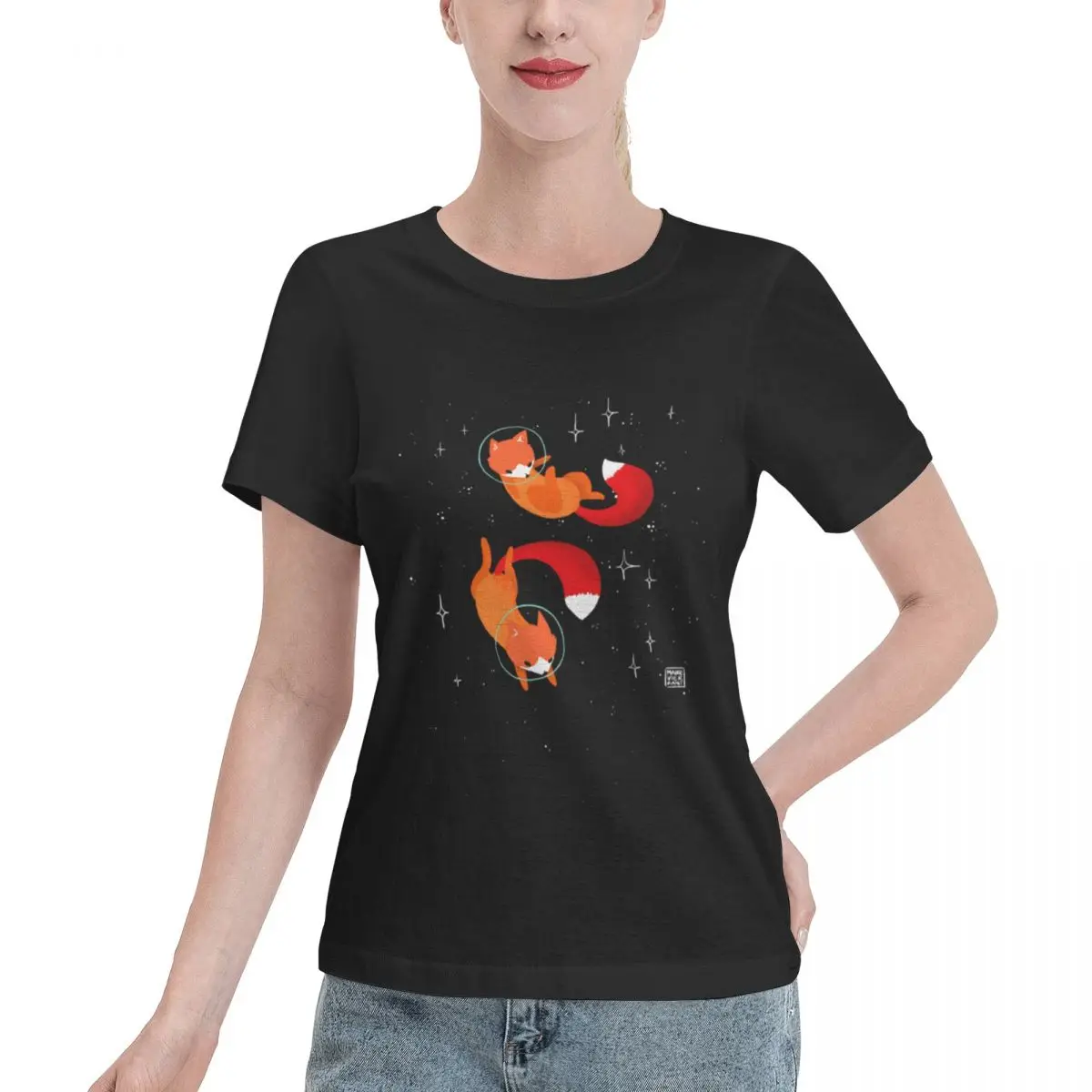 Cozy Loungewear Space Foxes Boxy Women's T-shirt Harajuku Soft Skin Friendly Top