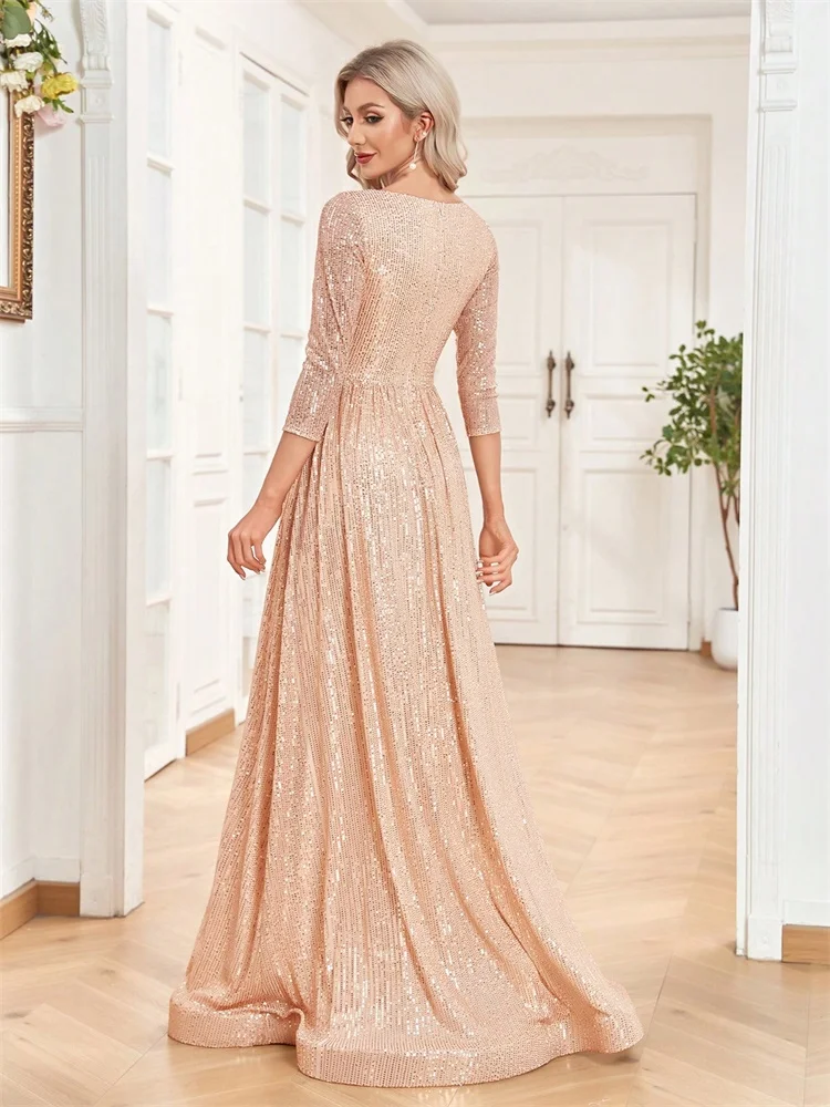 فستان سهرة رسمي فاخر بياقة على شكل V وأكمام طويلة ترتر أزرق للنساء 2024 لحفلات الزفاف والحفلات الراقصة فستان كوكتيل طويل