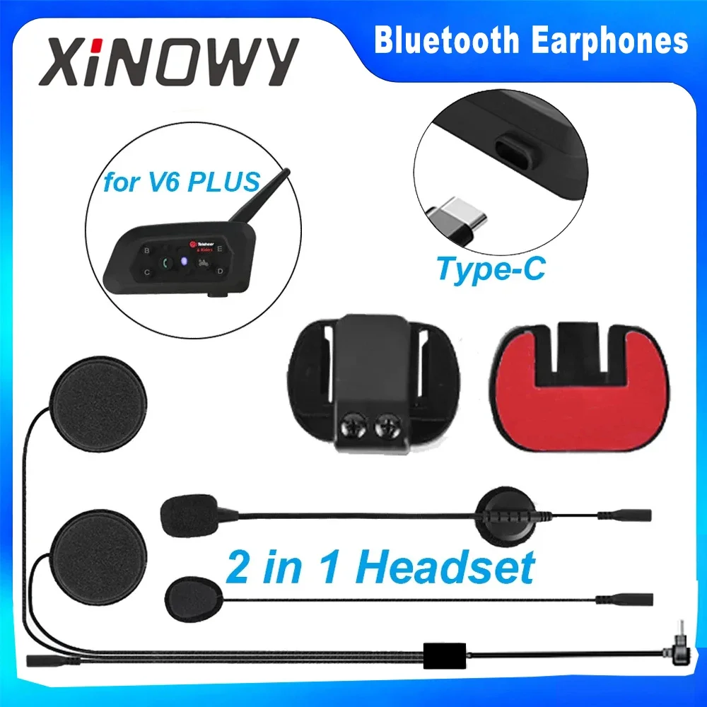 

For Xinowy V6 PLUS Type-C USB-C 2 in 1 Earphone Headset + Mounting Clip Glue Base for Teleheer Motorcycle Helmet Intercom