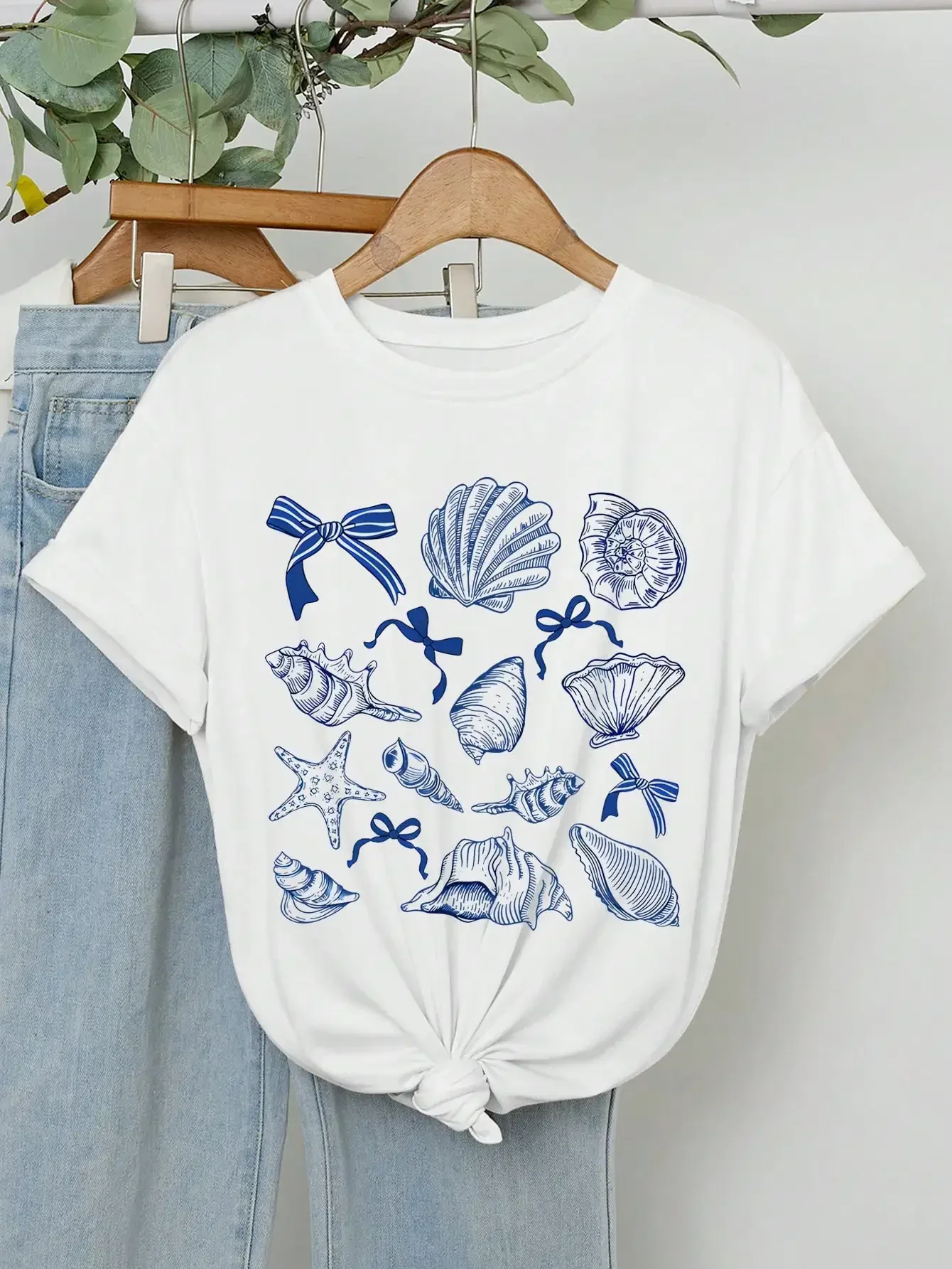 Camiseta de talla grande para mujer con estampado de conchas de mar azul y lazos para la moda de verano