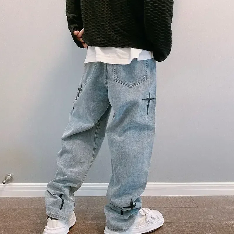 Jeans for Men Embroidery Wide Leg Male Cowboy Pants Hip Hop Trousers with Crosses Original High Quality Loose 2024 Fashion Baggy