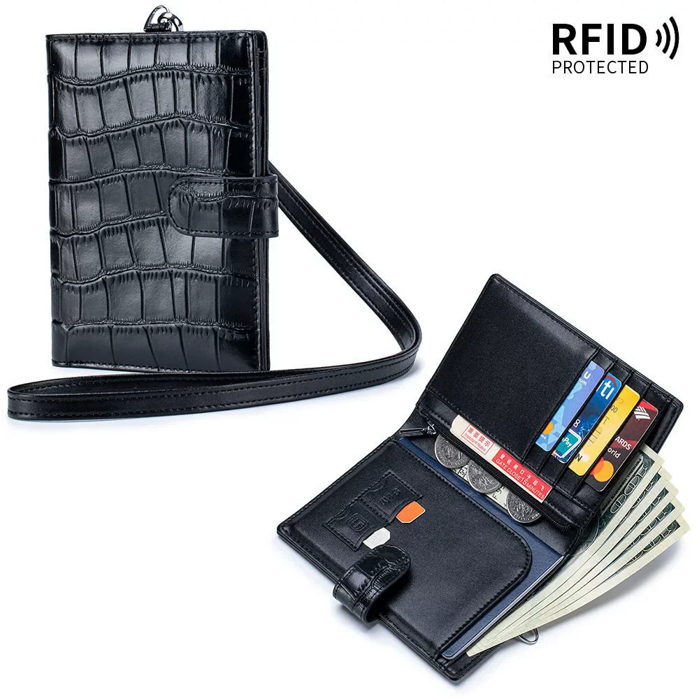 

Luxury Crocodile Pattern Genuine Leather RFID Wallet with Neck Lanyard, Large Capacity Travel Passport Ticket & Card Holder