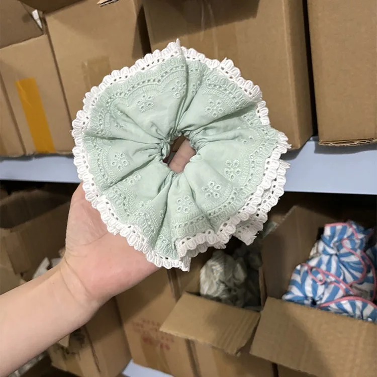 2024 Summer Mint Green Double-layer Lace Pleated Scrunchie High Quality Embroidery Oversized Hair Band Headdress Accessories