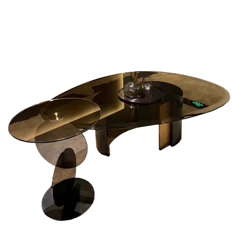 Light luxury furniture stainless steel oval tempered glass coffee table combination