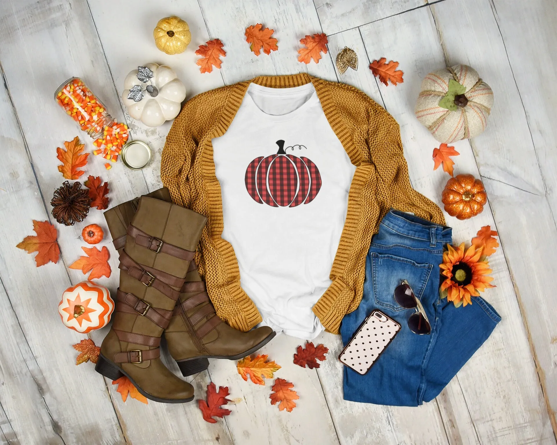 Ladies Plaid Pumpkin T Shirt 23395Hd4 Lpc61