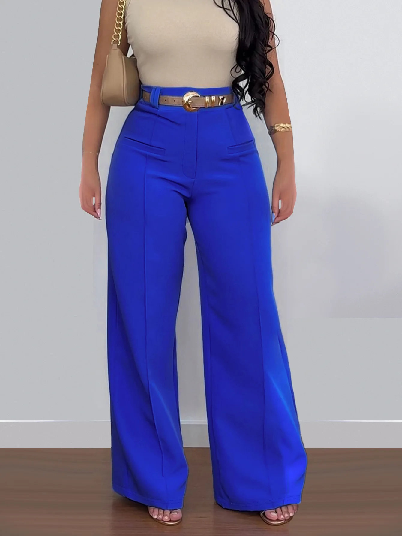 

Women's Plain Pocket Wide Leg Pants, Casual Comfy Trousers for Spring & Fall, Women's Bottoms for Daily Wear