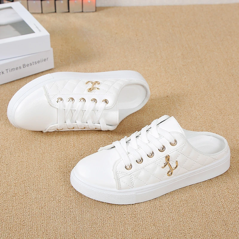 White Half Slippers Women Vulcanization Shoes Retro Low Top Flats Breathable Lazy Loafers Outdoor Walking Shoes Casual Sneakers