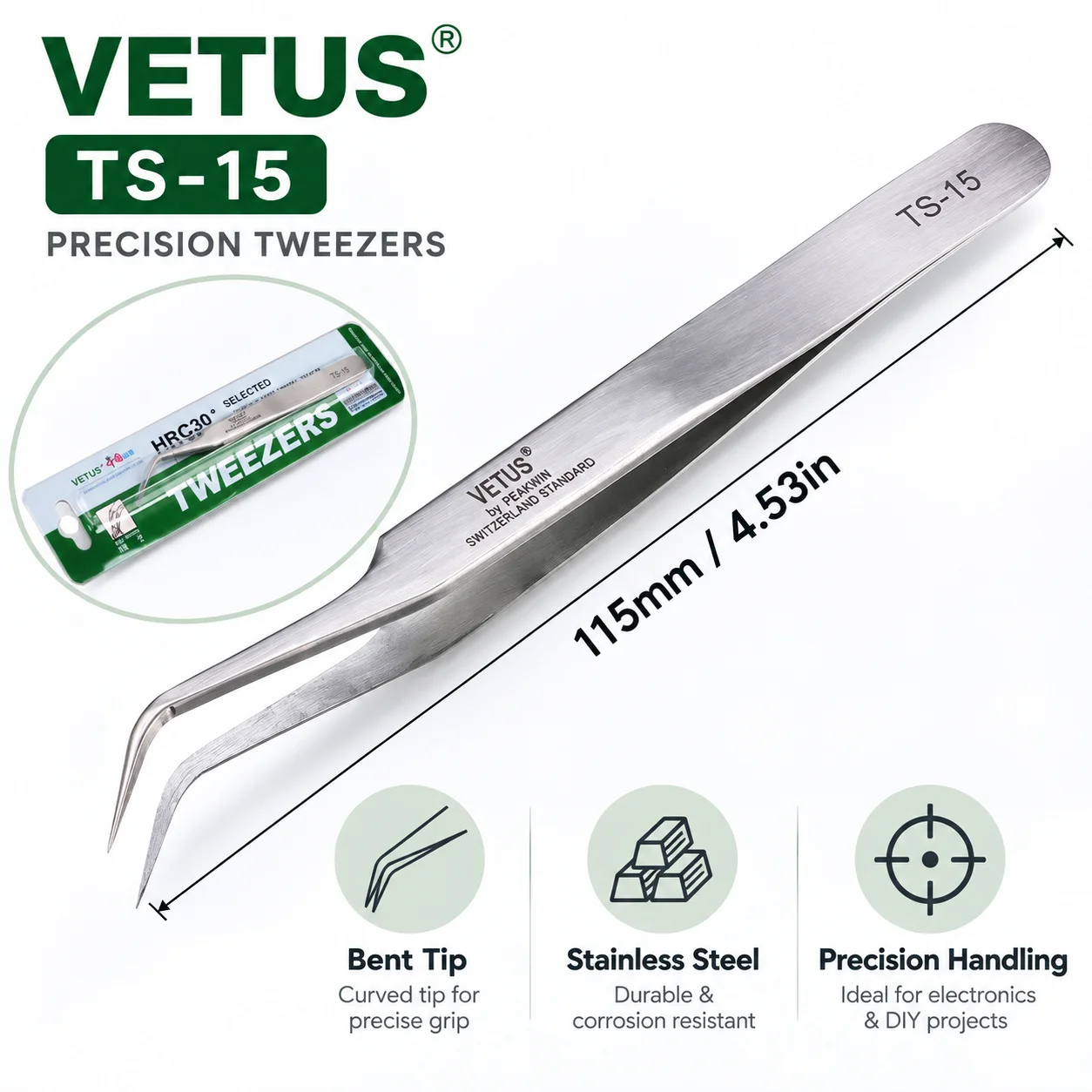 1 Stück TS-15 Vetus Pinzette Pinzas Edelstahl Präzisionspinzette Herramientas Elektriker Handwerkzeuge – Detail 5