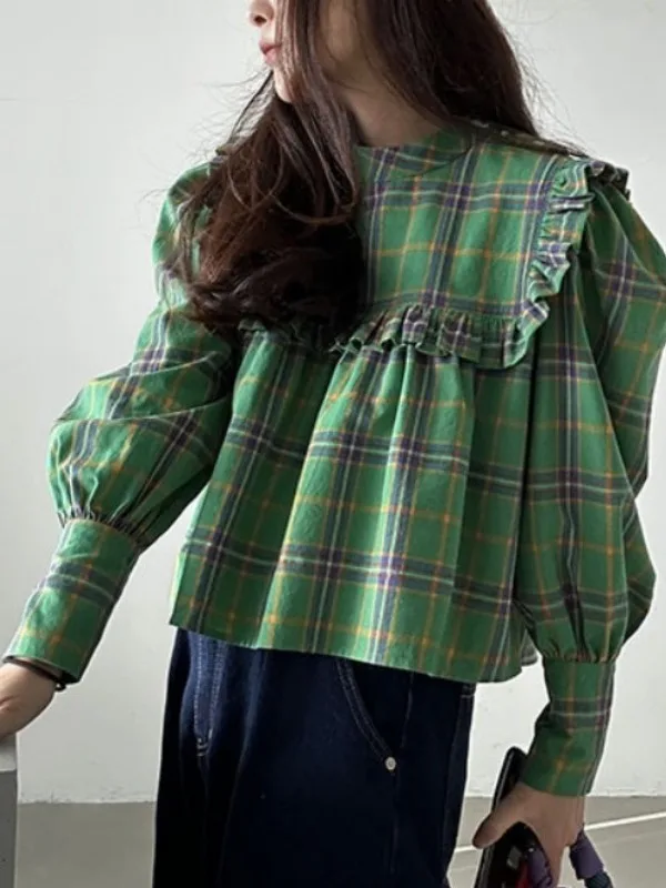 

Retro Chic Spring New Loose Long Sve Plaid Doll irt Blouse Lantern Sve Gauze Quali Top Women's Faion