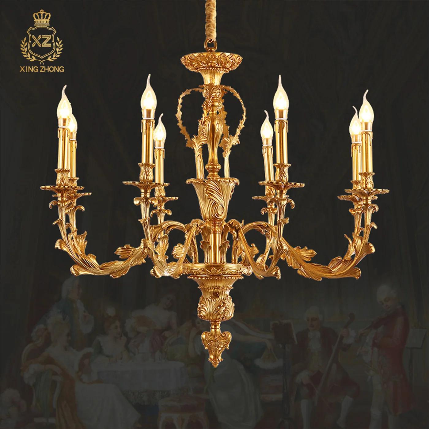 French Retro Living Room Dining Room Decor Brass Chandelier European Royal Hotel Lobby Candle Design Aesthetic Pendant Lamp