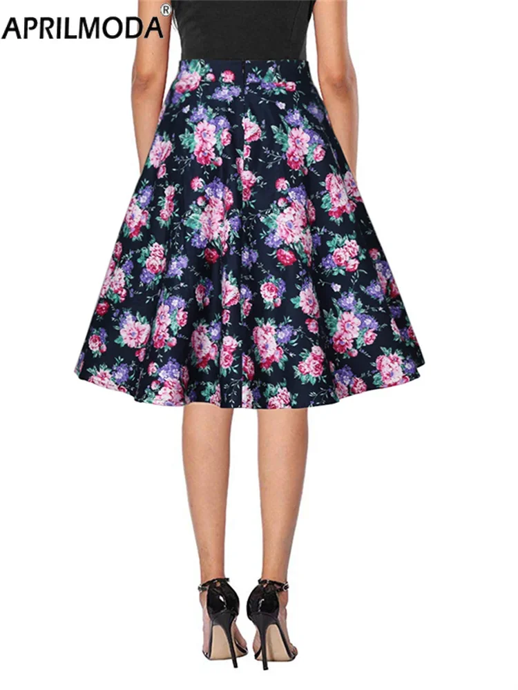 2024 New Retro Floral Print Vintage A Line Swing Skirts Womens 40s 50s 60s High Waist Midi Cotton Summer Rockabilly Pinup Skirts