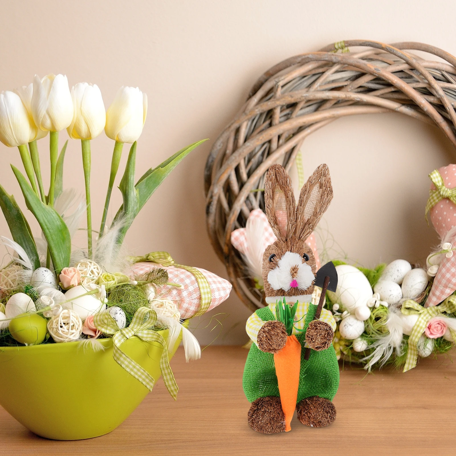 

Straw Woven Bunny Straw Woven Rabbit Figure 26CM Green Rabbit Decoration Desktop Decor Mini Shovel Statue Home Ornament