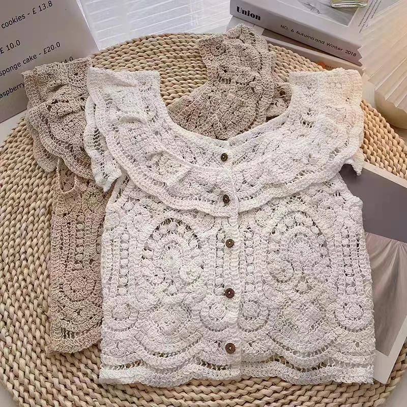 OUMEA Women Crochet Cotton Tops Summer Ruffled Neckline Sweet Tops Buttons Front Hollow Out Vintage Tops