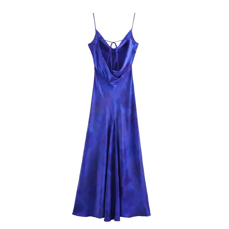 TRAF Long Dress Woman Tie Dye Slip Backless Blue Satin Dress Women Summer Sleeveless Evening Dresses Elegant Party Dresses 2024