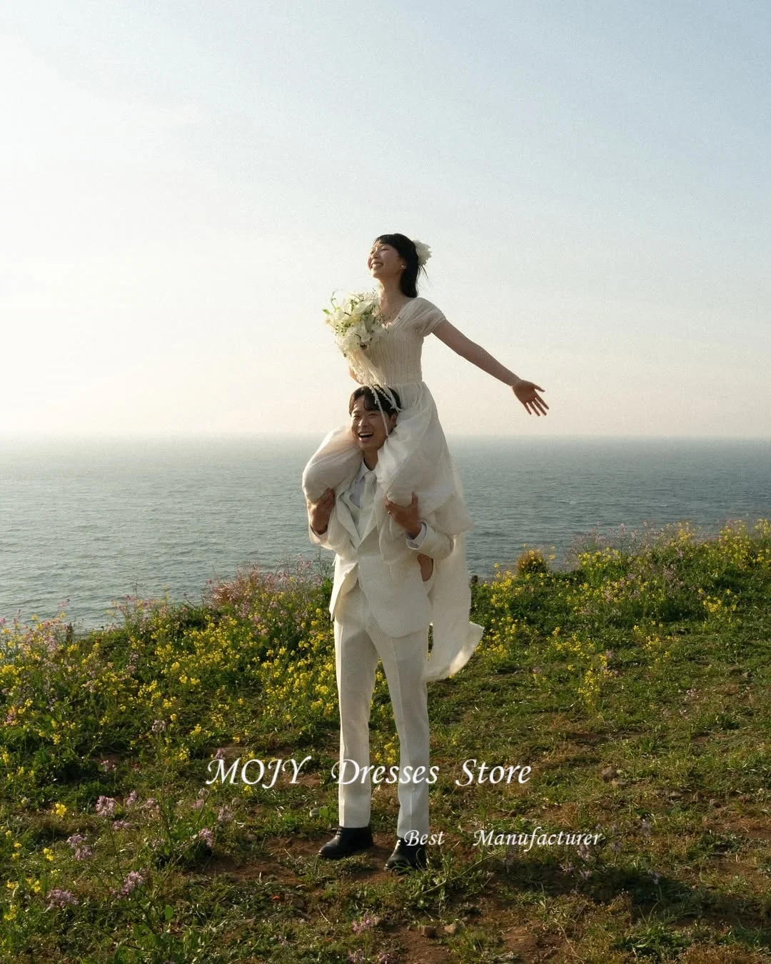 فستان زفاف موجي بياقة مربعة على شكل حرف a من التل لالتقاط الصور الكورية بطول الأرض وأكمام منتفخة مخصصة فساتين العروس مشد ستناء