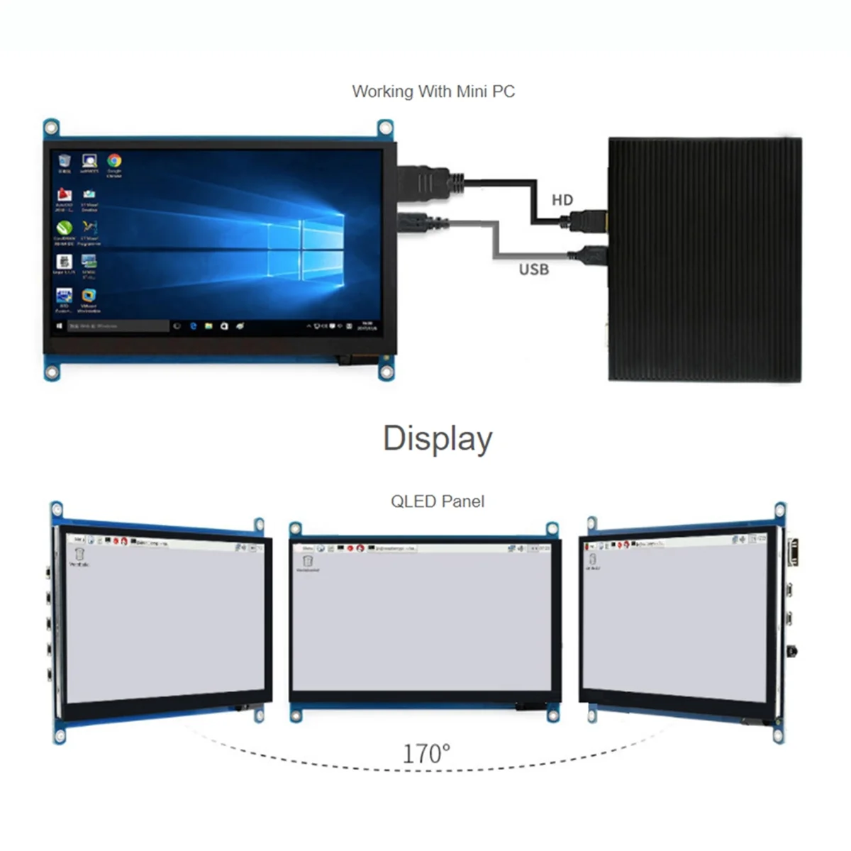 لشاشة QLED Quantum Dot مقاس 7 بوصات، لمسة سعوية، 1024 × 600، دعم أنظمة مختلفة