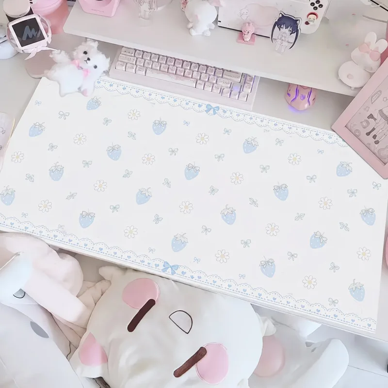 Original Blue Lace Strawberry Floral Kawaii Leather Desk Mats Office Computer Mouse Pad Waterproof Anti Slip Makeup Placemat Pad