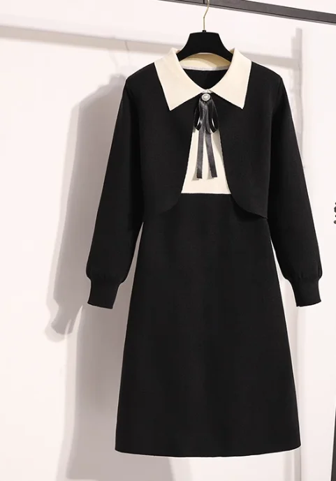 Abiti versatili alla moda lavorati a maglia autunnali da donna di grandi dimensioni Temperamento Fiocco Dolce manica lunga Abito giapponese in due pezzi finto nero