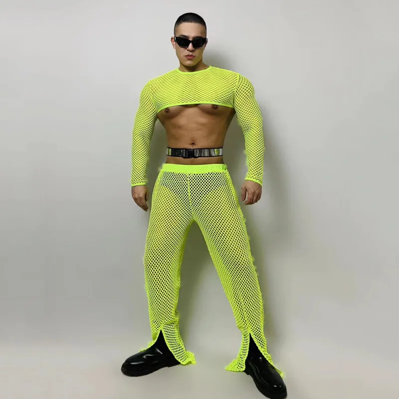 Bar Gogo Costume Male DJ Dancer Hollow Out Stage Wear Nightclub Performance Rave Outfit Sexy Fluorescent Green Mesh Plaid Set