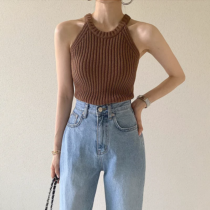 Neploe Women Solid Color Knitwear 2024 Summer New Hot Girl Neck-Hanging Crop Top Korean Niche Slim-Fit All-Match Camisole