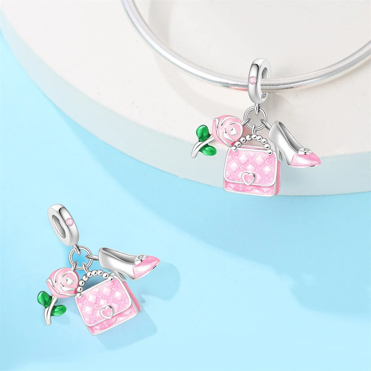 New 925 Sterling Silver 3Pcs Rose Bag Charms Beads CZ Zircon Dangle Fit 3mm Original Bracelet DIY Women Jewelry Gifts