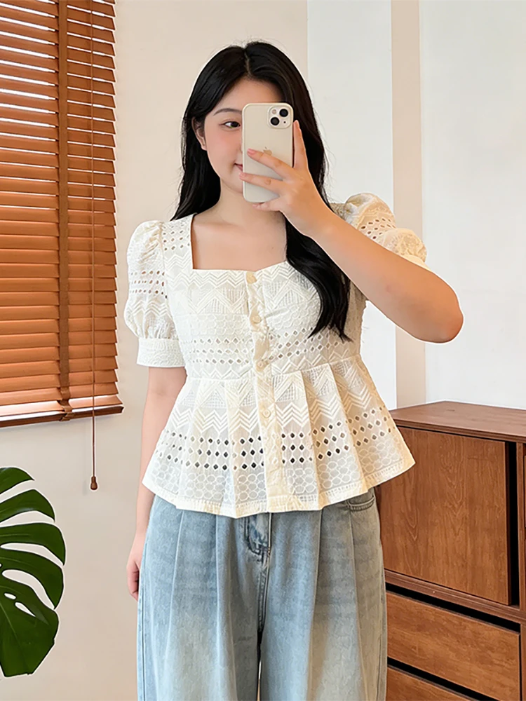 

plus Size Women's Embroidered Hollow out Square Neck Shirt Summer 2026 New Style Versatile Top Quality Korean Commute Style