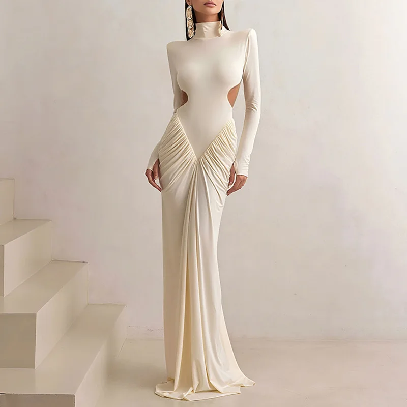 Spring Solid Hollow Boho Maxi Dress Autumn Long Sleeve Backless Slim Hips Dress Women Fashion Turtleneck Waist Draped Long Dress