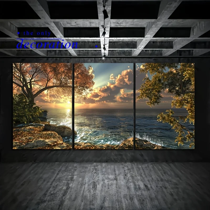 Framed Set of 3 Canvas Wall Art Wall Decor for Bedroom Living Room, Home Decor Rendering of The Sun Setting Over An Ocean wit