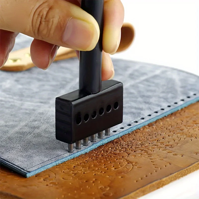 1pcs 6 holes Leather Hole Punch Tool, Adjustable 4mm Handheld Perforator, Steel Craft Leather Punch for Repair