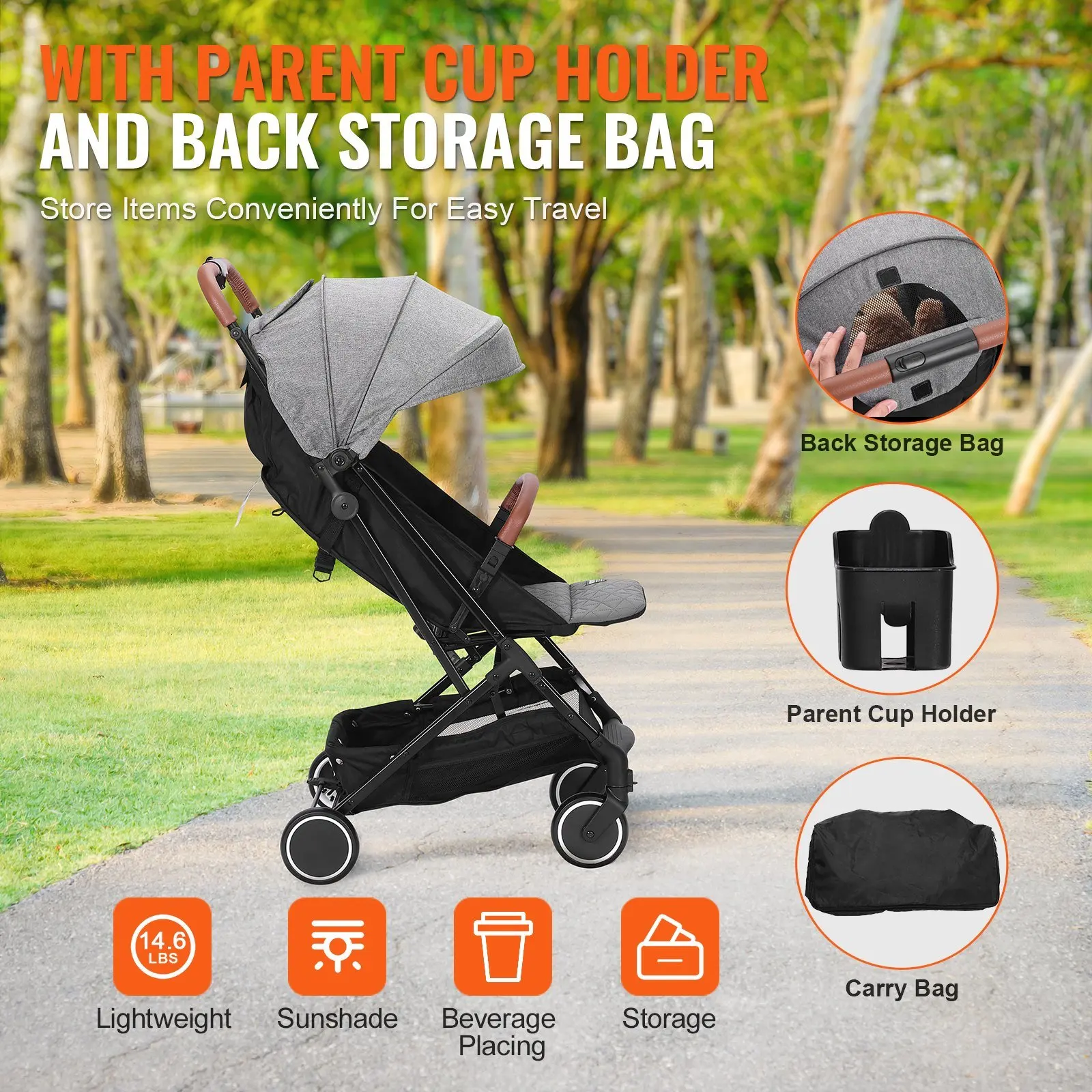 With 95°-150° Adjustable Backrest Standard Baby Infant Stroller One-click Folding 0/90°Adjustable Footrest Grey Newborn Stroller