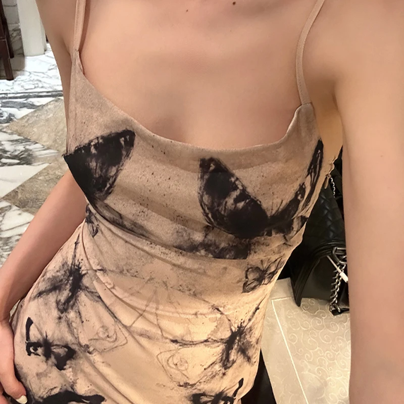 Women Y2K Spaghetti Strap Sleeveless Dress Summer Butterfly Print Backless Party Mini Dress for Cocktail Beach Retro Streetwear