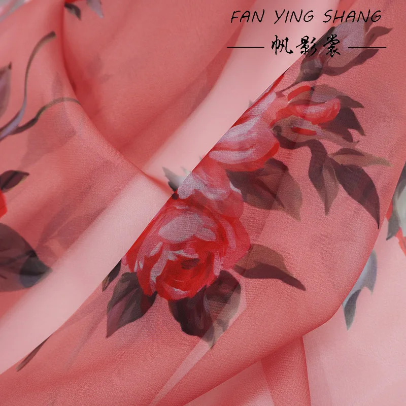 

2026 Meat Pink Digital Rose Chiffon Fabric For Dress Shirt Telas Para Costura Tissus Couture ткань Cloth Sewing Tecido Diy