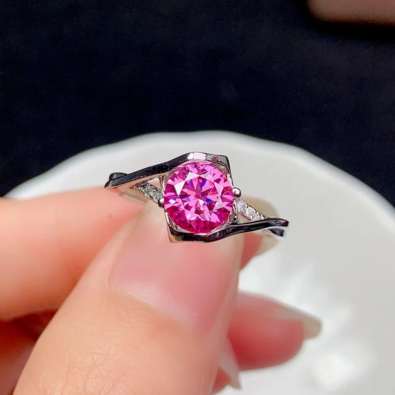 1CT Pink Moissanite Ring 6.5MM VVS Lab Diamond Jewelry for Women Wedding Party Gift Heart Love Design Real 925 Sterling Silver