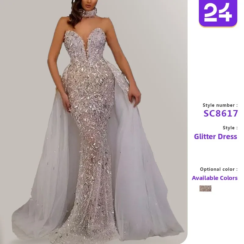 

2025 Summer New Cross-Border Long Svel Glitter Fi Tail Dr Ele Tulle Women's Dr High Waist Chinese Production